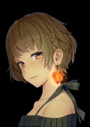 Rule 34 | 1girl, aimori meguru, bad id, bad pixiv id, bare shoulders, black background, brown eyes, brown hair, chinese lantern (plant), closed mouth, collarbone, earrings, freckles, green sweater, heart, heart earrings, highres, jewelry, light smile, looking at viewer, looking to the side, off-shoulder, off-shoulder sweater, off shoulder, original, short hair, simple background, solo, sweater, upper body