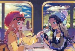 Rule 34 | 2girls, alternate costume, beanie, beret, black hair, blue eyes, blurry, brown hair, casual, cellphone, chewtle, commentary request, creatures (company), dark-skinned female, dark skin, depth of field, eyewear on head, feeding, food, game freak, gen 8 pokemon, gloves, green eyes, gym leader, hair ornament, hat, heart, heart hair ornament, highres, inaeda kei, jacket, jewelry, looking at another, multiple girls, nail polish, necklace, nessa (pokemon), nintendo, open mouth, partially fingerless gloves, phone, pokemon, pokemon (creature), pokemon swsh, single glove, sitting, smartphone, smile, sonia (pokemon), spoon, table, yamper