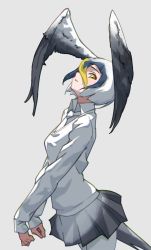 Rule 34 | 1girl, absurdres, black hair, blonde hair, commentary, from side, grey background, hair between eyes, head wings, highres, jacket, kemono friends, long sleeves, looking at viewer, masked booby (kemono friends), multicolored hair, necktie, pantyhose, pleated skirt, short hair, simple background, skirt, solo, tail, tanabe (fueisei), white hair, white jacket, white necktie, wing collar, wings, yellow eyes