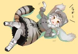 Rule 34 | 10s, 1girl, animal ear fluff, animal ears, bad id, bad twitter id, black hair, blush, boots, cat ears, cat tail, choir (artist), commentary request, elbow gloves, fang, frilled skirt, frills, fur trim, gloves, grey hair, high-waist skirt, kemono friends, lying, multicolored hair, on back, pallas&#039;s cat (kemono friends), pantyhose, paw pose, scarf, short hair, skirt, solo, tail, translation request, white hair, yellow eyes