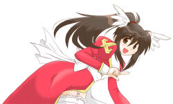 Rule 34 | 1girl, 2000s (style), back bow, blush, bow, brown eyes, brown hair, commentary request, cowboy shot, cross, dress, eyes visible through hair, frilled thighhighs, frills, garter straps, hair between eyes, head wings, high ponytail, high priest (ragnarok online), index finger raised, juliet sleeves, leaning forward, long hair, long sleeves, looking at viewer, open mouth, puffy sleeves, ragnarok online, red dress, sash, simple background, smile, solo, suzunari ayana, thighhighs, two-tone dress, white background, white bow, white dress, white sash, white thighhighs, white wings, wings