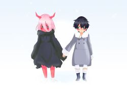 Rule 34 | 10s, 1boy, 1girl, amandamandapanda, bandages, black cloak, black hair, blue eyes, blush, boots, cloak, coat, colored sclera, colored skin, couple, darling in the franxx, fringe trim, fur boots, fur trim, green eyes, grey coat, holding hands, hetero, highres, hiro (darling in the franxx), hood, hooded cloak, horns, long hair, looking at another, oni horns, parka, pink hair, red horns, red pupils, red sclera, red skin, short hair, snow, snowing, winter clothes, winter coat, aged down, zero two (darling in the franxx)