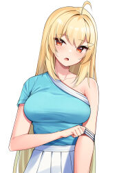 Rule 34 | 1girl, :o, absurdres, ahoge, arm strap, bare shoulders, blonde hair, blue shirt, breasts, hair ornament, hairclip, highres, jingburger, long hair, looking at viewer, medium breasts, open mouth, pleated skirt, red eyes, shirt, shirt tucked in, short sleeves, simple background, single sleeve, skirt, solo, upper body, very long hair, virtual youtuber, waktaverse, white background, white skirt, ziro (zirorong)