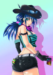 Rule 34 | 1girl, ass, bandana, bare shoulders, blue hair, blush, breasts, card, code of joker, cowboy hat, denim, denim shorts, female focus, frog, from behind, gloves, green eyes, hair bobbles, hair ornament, hat, large breasts, long hair, looking at viewer, looking back, low twintails, shadow, shiny clothes, shiny skin, short shorts, shorts, sideboob, smile, solo, strapless, sunglasses, sunglasses on head, suzumoori marina, tube top, twintails, yappy