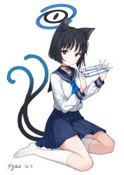 Rule 34 | 1girl, absurdres, animal ear fluff, animal ears, artist name, black eyes, black hair, black nails, blue archive, blue sailor collar, blue skirt, blush, cat&#039;s cradle, cat ears, cat tail, closed mouth, dated, fingernails, highres, kikyou (blue archive), long sleeves, looking at viewer, nail polish, pleated skirt, sailor collar, short hair, signature, simple background, skirt, socks, solo, tail, white background, white socks, xgao