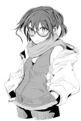 Rule 34 | 1girl, alternate costume, cowboy shot, glasses, greyscale, hair between eyes, hands in pockets, highres, isetta, jacket, kantai collection, medium hair, monochrome, scarf, sendai (kancolle), simple background, sleeveless, sleeveless jacket, solo, twitter username, two side up, white background, zipper