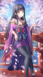 Rule 34 | 1girl, artist name, bare shoulders, black hair, black pantyhose, bow, breasts, bridge, cherry blossoms, cleavage, closed mouth, day, feet out of frame, hand up, highres, japanese clothes, kimono, la campanella, long hair, looking at viewer, original, pantyhose, petals, purple kimono, river, solo, tattoo, wide sleeves, yellow eyes