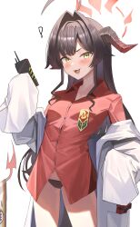 Rule 34 | !, 1girl, absurdres, ahoge, black hair, black horns, blue archive, blush, coat, collared shirt, cowboy shot, demon horns, hair intakes, halo, highres, holding, horns, kasumi (blue archive), lab coat, long hair, open mouth, oversized clothes, red halo, red shirt, rottenpizza, shirt, sleeves past fingers, sleeves past wrists, smile, solo, walkie-talkie, white coat, yellow eyes
