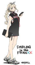 Rule 34 | 10s, 1girl, alternate costume, bag, black sports bra, bra, braid, cable, casual, clothes writing, copyright name, darling in the franxx, dress, earphones, flat color, from side, full body, grey hair, handbag, holding, holding bag, kokoro (darling in the franxx), legs together, nike (company), parted bangs, phone, shoes, simple background, single braid, sleeveless, sleeveless dress, sneakers, solo, sports bra, standing, streetwear, tarou2, underwear, white background