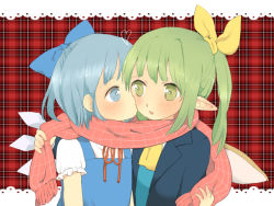 Rule 34 | 2girls, ascot, bad id, bad pixiv id, blue eyes, blue hair, blush, bow, cirno, daiyousei, green eyes, green hair, hair bow, heart, ice, ice wings, kiss, multiple girls, nazochoco, plaid, plaid background, plaid scarf, pointy ears, red scarf, ribbon, scarf, shared clothes, shared scarf, sharing, short hair, side ponytail, touhou, upper body, wings, yuri