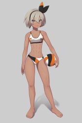 Rule 34 | 1girl, abs, absurdres, ball, bare legs, barefoot, bea (pokemon), bikini, bikini bottom only, breasts, contrapposto, creatures (company), dark-skinned female, dark skin, expressionless, full body, game freak, grey background, grey eyes, grey hair, gym leader, hair between eyes, hairband, highres, holding, holding ball, lips, looking at viewer, multicolored bikini, multicolored bikini bottom, multicolored clothes, muscular, navel, nintendo, pokemon, pokemon swsh, putcher, shadow, short hair, simple background, small breasts, solo, sports bra, standing, swimsuit, thick eyebrows, volleyball (object)