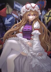 Rule 34 | 1girl, absurdres, arm strap, arrow (symbol), belph, blonde hair, bow, closed mouth, commentary request, crossed legs, dress, feet out of frame, gap (touhou), hair bow, hat, highres, lips, long hair, long sleeves, looking at viewer, mob cap, pink nails, purple eyes, purple tabard, red bow, red ribbon, ribbon, road sign, rust, sign, sitting, solo, stop sign, tabard, thighhighs, touhou, very long hair, white dress, white hat, white thighhighs, yakumo yukari