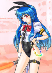 Rule 34 | 1girl, animal ears, bare legs, black leotard, blue hair, bow, breasts, chain, contrapposto, covered navel, cowboy shot, hand on own hip, hinanawi tenshi, holding, holding weapon, leg belt, leotard, long hair, looking at viewer, mail (mail gell), neck ribbon, playboy bunny, puffy short sleeves, puffy sleeves, rabbit ears, rabbit tail, red bow, red eyes, ribbon, shirt, short sleeves, small breasts, solo, standing, sword, sword of hisou, tail, touhou, weapon, white shirt, wrist cuffs