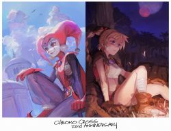 Rule 34 | 2girls, blonde hair, blue eyes, bodysuit, breasts, chrono cross, closed mouth, crop top, facepaint, gloves, harlequin, hat, high ponytail, highres, jester, jester cap, jewelry, kid (chrono cross), long hair, machibari2, midriff, multi-tied hair, multiple girls, necklace, ponytail, red eyes, red gloves, skirt, smile, harle (chrono cross), vest