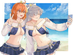 Rule 34 | 2girls, absurdres, ahoge, anastasia (fate), anastasia (swimsuit archer) (fate), anastasia (swimsuit archer) (fate) (cosplay), anastasia (swimsuit archer) (third ascension) (fate), bare shoulders, beach, bikini, blue bikini, blue eyes, blue skirt, blue sky, blush, bow, breasts, cleavage, collarbone, cosplay, fate/grand order, fate (series), fujimaru ritsuka (female), grin, hair bow, hair over one eye, highres, jewelry, large breasts, long hair, long sleeves, miniskirt, multiple girls, navel, necklace, one side up, open mouth, orange eyes, orange hair, ponytail, puffy long sleeves, puffy sleeves, selfie, shore, silver hair, skirt, sky, smile, suama (0122), swimsuit, v, very long hair