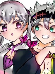 Rule 34 | 1boy, 1girl, asta (black clover), bad tag, black clover, blush, green eyes, heart, hetero, highres, noelle silva, open mouth, purple eyes, smile, staring at another, twintails