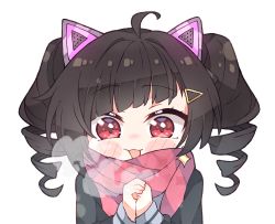 Rule 34 | 1girl, ahoge, alternate hair color, animal ears, black hair, blush stickers, breath, cat ears, chibi, cold, commentary, condensation, delutaya, diagonal bangs, drill hair, english commentary, fake animal ears, hair ornament, hairclip, indie virtual youtuber, kukie-nyan, red eyes, red scarf, scarf, solo, twin drills, twintails, virtual youtuber
