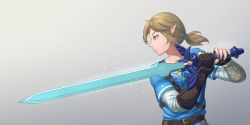 Rule 34 | 1boy, blonde hair, blue eyes, blue shirt, brown gloves, commentary request, fingerless gloves, from side, gloves, highres, link, long hair, male focus, master sword, nintendo, odachu, pointy ears, ponytail, shirt, simple background, solo, the legend of zelda, the legend of zelda: breath of the wild, triforce