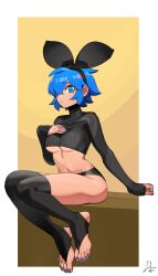 Rule 34 | 1girl, :/, black hairband, black panties, black ribbon, black shrug, blue eyes, blue hair, blue nails, border, breasts, bright pupils, closed mouth, commentary, detached leggings, dif (difman), difman, english commentary, expressionless, feet, fingernails, full body, hair between eyes, hair over one eye, hair ribbon, hairband, hand on own chest, highres, linea alba, looking at viewer, medium breasts, midriff, mole, mole under eye, nail polish, navel, one eye covered, original, outside border, panties, ribbon, short hair, shrug (clothing), signature, sitting, skin tight, sleeves past wrists, solo, toeless legwear, toenails, toes, underboob, underwear, white border, white pupils