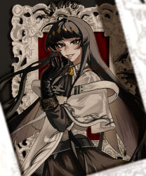 Rule 34 | 1girl, antenna hair, arknights, artist name, ascot, belt, belt buckle, black ascot, black belt, black eyes, black gloves, black hair, black halo, black outline, black skirt, black sleeves, black wings, blunt bangs, border, broken halo, buckle, chinese commentary, chinese text, collared jacket, colored inner hair, commentary request, cowboy shot, dark halo, detached wings, empty picture frame, energy wings, eyelashes, film grain, floating hair, from side, gloves, grey background, grey hair, grey shirt, halo, hand on own face, hand to own mouth, hand up, highres, hime cut, jacket, layered sleeves, lips, long hair, long sleeves, looking at viewer, looking to the side, miniskirt, mole, mole under eye, multicolored hair, open mouth, outer glow, outline, picture frame, pleated skirt, shadow, shirt, short over long sleeves, short-sleeved jacket, short sleeves, sidelocks, signature, skirt, smile, solo, standing, teeth, two-tone hair, variant set, very long hair, virtuosa (arknights), watermark, weibo 6101652766, weibo logo, weibo watermark, white belt, white border, white jacket, wide sleeves, wing collar, wings, yellow pupils
