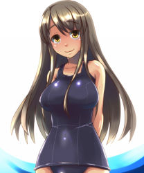 Rule 34 | 1girl, bare shoulders, breasts, brown hair, collarbone, large breasts, long hair, navel, one-piece swimsuit, original, school swimsuit, shiny clothes, smile, solo, swimsuit, wet, yellow eyes, ygo (kintsuba)