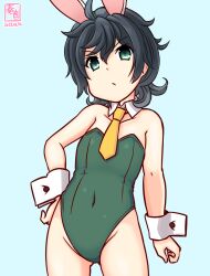 Rule 34 | 1girl, alternate costume, animal ears, artist logo, bare shoulders, black hair, blurry, blurry background, blush, covered navel, cowboy shot, dated, detached collar, fake animal ears, gluteal fold, green eyes, kanon (kurogane knights), kantai collection, leotard, looking at viewer, matsukaze (kancolle), one-hour drawing challenge, playboy bunny, rabbit ears, short hair, smile, solo, strapless, strapless leotard, wavy hair, wrist cuffs