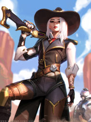 Rule 34 | 1girl, ashe (overwatch), black nails, blue sky, blurry, blurry background, bob (overwatch), boots, bracelet, closed mouth, cowboy hat, day, earrings, facing viewer, fingerless gloves, from below, gloves, gun, hat, holding, holding gun, holding weapon, jewelry, liang xing, lips, lipstick, makeup, medium hair, mole, mole above mouth, nail polish, necktie, outdoors, overwatch, overwatch 1, red eyes, red lips, sky, solo focus, standing, tattoo, thigh boots, thighhighs, weapon, white hair