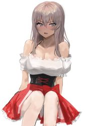 Rule 34 | 1girl, breasts, corset, dirndl, german clothes, girls und panzer, grey eyes, hair between eyes, harasu (harasu888), highres, itsumi erika, long hair, looking to the side, medium breasts, open mouth, red skirt, sitting, skirt, solo, white background, white hair
