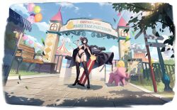 1girl absurdres amusement_park ark_royal_(azur_lane) artist_request azur_lane balloon bare_shoulders bench bikini bird black_bikini black_coat black_footwear black_garter_straps black_hair black_jacket black_thighhighs blue_sky breasts building chick cleavage cloud coat coat_on_shoulders collarbone day english_text exhibitionism eyewear_on_head falling_leaves female_pervert flag full_body garter_belt garter_straps grass groin hair_between_eyes hair_ornament height_chart height_mark high_heels highleg highres holding holding_ruler holding_scanner jacket lamppost large_breasts leaf long_hair manjuu_(azur_lane) mkiiiiii navel non-web_source o-ring official_alternate_costume official_art open_clothes open_coat outdoors park_bench pervert public_indecency shadow shoes sidelocks sign skindentation sky sleeveless smile standing stomach sunglasses swimsuit thighhighs thighs tree wind