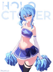 1girl absurdres alternate_costume black_thighhighs blue_eyes blue_ribbon blue_skirt blue_thighhighs blush breasts cheerleader copyright_name crop_top elbow_gloves gloves hair_ribbon highres holding holding_pom_poms hololive hoshimachi_suisei long_hair looking_at_viewer maullarmaullar navel one_side_up pom_pom_(cheerleading) pom_poms ribbon sidelocks skirt small_breasts solo star_(symbol) star_in_eye symbol_in_eye thigh_strap thighhighs virtual_youtuber white_gloves