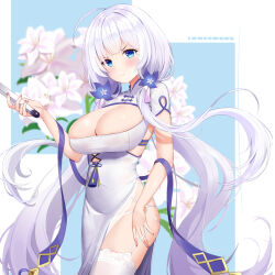 Rule 34 | 1girl, azur lane, blue eyes, blue flower, breasts, bursting breasts, china dress, chinese clothes, cleavage, cleavage cutout, clothing cutout, cutout above navel, dress, flower, folded fan, folding fan, garter straps, hair flower, hair ornament, hand fan, holding, holding fan, illustrious (azur lane), illustrious (maiden lily&#039;s radiance) (azur lane), large breasts, long hair, looking at viewer, mole, mole under eye, niballl, official alternate costume, pelvic curtain, short sleeves, side slit, solo, thighhighs, tri tails, very long hair, white dress, white garter straps, white hair, white thighhighs