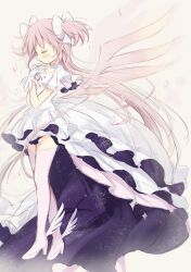 Rule 34 | 1girl, absurdly long hair, absurdres, blush, choker, closed eyes, closed mouth, dress, floating hair, frilled dress, frills, full body, gloves, hair ribbon, hands on own chest, hands up, high-low skirt, high heels, highres, hitode, kaname madoka, layered dress, layered sleeves, legs together, long dress, long hair, mahou shoujo madoka magica, own hands together, pale color, pink background, pink hair, pink theme, pink thighhighs, pink wings, profile, pumps, ribbon, shoes, short sleeves, simple background, solo, sparkle, straight hair, thighhighs, two side up, ultimate madoka, very long hair, white choker, white dress, white footwear, white gloves, white ribbon, wide sleeves, winged footwear, wings, zettai ryouiki