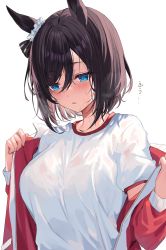 Rule 34 | 1girl, absurdres, black hair, blue eyes, blush, breasts, character request, gym shirt, highres, hizuki higure, jacket, long sleeves, looking away, looking down, medium breasts, off shoulder, open clothes, open jacket, parted lips, red jacket, see-through clothes, shirt, short hair, solo, track jacket, translation request, umamusume, undressing, wet, wet clothes, wet hair, wet shirt, white shirt