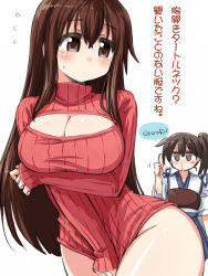 Rule 34 | 10s, 2girls, akagi (kancolle), alternate costume, blood, blush, breasts, brown eyes, brown hair, cleavage, cleavage cutout, clothing cutout, japanese clothes, kaga (kancolle), kantai collection, large breasts, long hair, long sleeves, meme attire, multiple girls, muneate, naitou kouse, nosebleed, open-chest sweater, ribbed sweater, short hair, side ponytail, simple background, skirt, sweater, thumbs up, turtleneck, white background