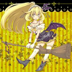Rule 34 | 10s, 1girl, alternate costume, bare shoulders, bat wings, blonde hair, boots, bracelet, broom, cure peace, dress, earrings, gloves, hair flaps, hair ribbon, high heels, jewelry, kasetsu, kise yayoi, long hair, magical girl, maid headdress, precure, ribbon, shoes, skirt, smile precure!, solo, star (symbol), thighhighs, white gloves, wings, yellow background, yellow dress, yellow eyes, yellow skirt, yellow theme