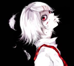 Rule 34 | 10s, 1boy, androgynous, awara kayu, black background, blood, blood on face, closed mouth, commentary request, dark background, face, feathers, from side, hair ornament, hairclip, looking at viewer, male focus, pale skin, red eyes, roman numeral, shaded face, shirt, short hair, simple background, solo, stitched face, stitches, suspenders, suzuya juuzou, tokyo ghoul, tokyo ghoul:re, white feathers, white hair, x hair ornament