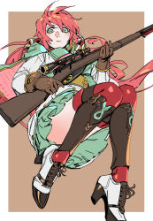 Rule 34 | 1girl, blush, bolt action, border, brown background, brown gloves, carcano, carcano m1891 (girls&#039; frontline), closed mouth, cross-laced footwear, dress, floating hair, girls&#039; frontline, gloves, green dress, green eyes, gun, high heels, highres, holding, holding gun, holding weapon, long hair, looking at viewer, red hair, red thighhighs, rifle, ruukii drift, shoes, simple background, skirt, sniper rifle, solo, thighhighs, trigger discipline, weapon, white border, white footwear, wide-eyed