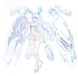Rule 34 | 1girl, alternate costume, animal ears, blue eyes, breasts, character name, cleavage, counter:side, covered navel, cup, drinking glass, fake animal ears, groin, high heels, highleg, highres, horizon (counter:side), leotard, long hair, looking at viewer, playboy bunny, thighhighs, tray, weaselweasel, white background, white hair, white thighhighs