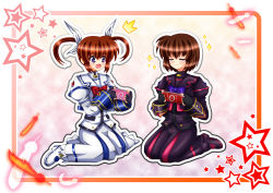 Rule 34 | 2girls, blush, bow, brown hair, closed eyes, divinebuster12, feathers, fingerless gloves, gloves, hair ribbon, handheld game console, lyrical nanoha, magical girl, mahou shoujo lyrical nanoha, mahou shoujo lyrical nanoha a&#039;s, mahou shoujo lyrical nanoha a&#039;s portable: the battle of aces, multiple girls, open mouth, playstation portable, puffy sleeves, purple eyes, ribbon, seiza, short hair, short sleeves, short twintails, sitting, smile, star (symbol), stern the destructor, takamachi nanoha, takamachi nanoha (sacred mode), tears, twintails, wariza