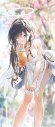 Rule 34 | 1girl, absurdres, angel, artist name, bare arms, bare shoulders, black hair, blue eyes, blurry, blurry background, breasts, cherry blossoms, chinese commentary, cleavage, commentary request, cup, dated, day, disposable cup, dress, dress tug, drinking, drinking straw, eyelashes, feet out of frame, halo, highres, holding, holding cup, large breasts, leaning forward, long hair, looking at viewer, low wings, one eye closed, original, outdoors, pointy ears, solo, standing, swkl:d, tree, white dress, white wings, wings