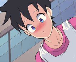 Rule 34 | 1girl, black hair, blue eyes, blush, building, bulding, dragon ball, dragonball z, from above, looking at viewer, looking down, my adventures with superman, rozenphox, superman (series), surprised, tagme, tomboy, videl, window