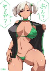 Rule 34 | 1girl, bare shoulders, bikini, breasts, choker, cleavage, covered erect nipples, dark-skinned female, dark skin, earbuds, earphones, gluteal fold, green bikini, green nails, highres, jacket, looking at viewer, nail polish, navel, open clothes, open jacket, original, platinum blonde hair, purple eyes, shiny skin, short twintails, solo, souryu, swimsuit, translation request, twintails