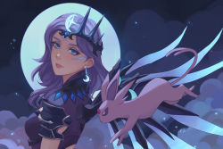 Rule 34 | 1girl, alternate costume, alternate hair color, angel wings, armor, artist name, atlantic mercy, blue eyes, breasts, creature, creatures (company), crescent, crescent hair ornament, crown, crown hair ornament, earrings, espeon, forehead jewel, forked tail, full body, game freak, gen 2 pokemon, hair ornament, jewelry, lips, looking at viewer, mechanical wings, mercy (overwatch), moon, nintendo, nose, official alternate costume, overwatch, overwatch 1, pokemon, pokemon (creature), purple eyes, purple hair, shiro-hane, shoulder armor, tail, wings