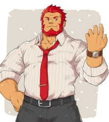 Rule 34 | 1boy, alternate costume, bara, beard, belt, denim, facial hair, fate/grand order, fate/zero, fate (series), formal, hand on own hip, iskandar (fate), jeans, large pectorals, male focus, manly, muscular, necktie, pants, pectorals, red eyes, red hair, salaryman, smile, solo, toned, toned male, yanutorie