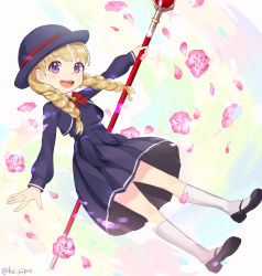 Rule 34 | 1girl, :d, black footwear, blonde hair, bow, bowtie, braid, cropped jacket, dragon quest, dragon quest xi, dress, flower, hat, holding, holding staff, jacket, kz ripo, left-handed, long hair, long sleeves, mary janes, open clothes, open jacket, open mouth, petals, pinafore dress, pink flower, puffy long sleeves, puffy sleeves, purple dress, purple eyes, purple hat, purple jacket, red bow, red bowtie, shoes, sleeveless, sleeveless dress, smile, socks, solo, staff, teeth, twin braids, twitter username, veronica (dq11), white socks