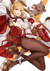 Rule 34 | 1girl, absurdres, animal ears, arm up, armpits, backless outfit, blonde hair, blush, breasts, brown pantyhose, dog, dog ears, dog girl, dog tail, erune, granblue fantasy, highres, japanese clothes, kimono, legs, long sleeves, looking at viewer, nanakaku, open mouth, orange eyes, pantyhose, pelvic curtain, platform clogs, puppy, rope, short eyebrows, short hair, small breasts, smile, solo, sword, tail, vajra (granblue fantasy), weapon, white background, white kimono, wide sleeves