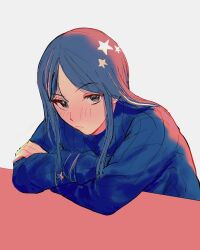 Rule 34 | 1girl, alternate costume, blue hair, blue sweater, blush, closed mouth, crossed arms, highres, kantai collection, long hair, long sleeves, looking at viewer, multicolored hair, nidou, one-hour drawing challenge, simple background, solo, south dakota (kancolle), star (symbol), streaked hair, sweater, upper body, white hair
