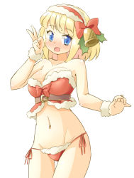 Rule 34 | 1girl, :d, alice margatroid, arnest, bandeau, bare arms, bare shoulders, bell, belt, blonde hair, blue eyes, blush, bow, breasts, brown belt, cleavage, collarbone, commentary request, cowboy shot, groin, hair bell, hair bow, hair ornament, hairband, hand up, large breasts, lolita hairband, looking at viewer, midriff, mistletoe, navel, nose blush, open mouth, panties, red bow, red hairband, red panties, short hair, side-tie panties, sidelocks, simple background, smile, solo, standing, stomach, strapless, thighs, touhou, tube top, underwear, v, white background, wrist cuffs