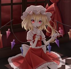 Rule 34 | 1girl, absurdres, artist. .luna, ascot, back bow, blonde hair, blood, blood on hands, bow, checkered floor, closed mouth, collared shirt, finger to mouth, fingernails, flandre scarlet, frilled shirt collar, frilled skirt, frilled sleeves, frills, glowing, glowing eyes, hair between eyes, hat, hat ribbon, highres, indoors, long hair, looking at viewer, mob cap, multicolored wings, puffy short sleeves, puffy sleeves, red curtains, red eyes, red ribbon, red skirt, red theme, red vest, ribbon, sharp fingernails, shirt, short sleeves, side ponytail, skirt, skirt set, smile, solo, touhou, vampire, vest, white bow, white hat, white shirt, window, wings, yellow ascot