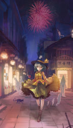 Rule 34 | 1girl, absurdres, alley, boots, cloud, cross-laced footwear, fireworks, ghost, hat, hat ribbon, heart, heart of string, highres, karakasa obake, komeiji koishi, lamp, light smile, long sleeves, looking at viewer, mag (huangmag), multiple tails, nekomata, night, night sky, revision, ribbon, shirt, silver hair, skirt, sky, solo, tail, third eye, tile floor, tiles, touhou, town, two tails, umbrella, walking, wide sleeves, yellow eyes
